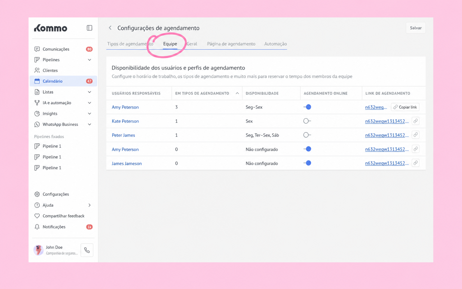 Settings page showing team scheduling options and user availability for appointments.